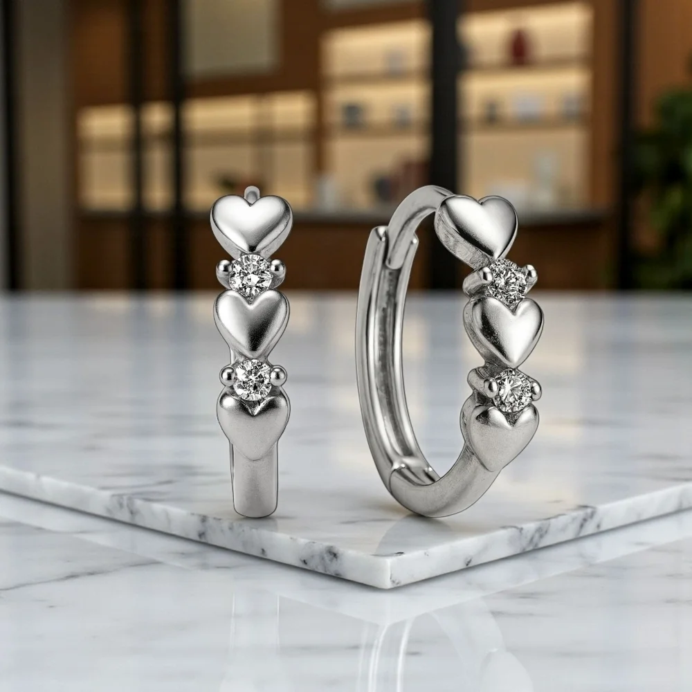 Minimalist Hoop Heart Earrings S925 Sterling Silver Dainty Zirconia Gift